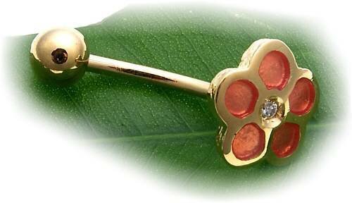 Piercing Bauchnabel echt Gold 750 Brillant Emaille Gelbgold pink gebogene Stäbe