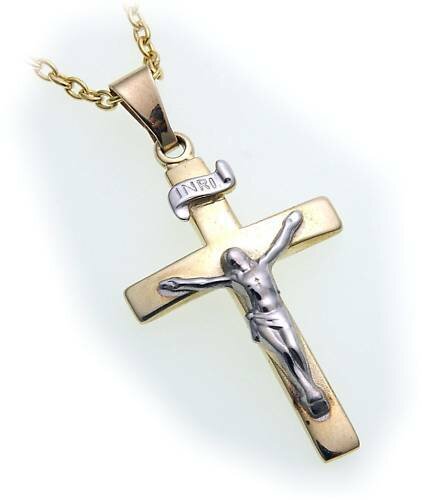 Anhänger Kreuz mit Jesus echt Gold 585 teilrhod. massiv Gelbgold Unisex