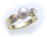 Damen Ring echt Gold 585  Perlen 7,5 mm  Brillant 0,01...