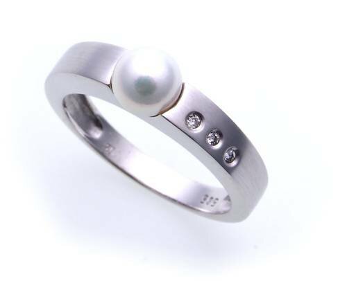 Damen Ring echt Gold 585 Perle 6 mm Brillant 0,03 matt Gelbgold Diamant