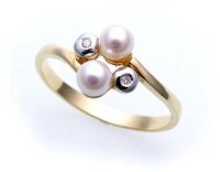 Damen Ring echt Gold 585 Perle Brillant 0,02ct rhod. Gelbgold Perlen Diamant