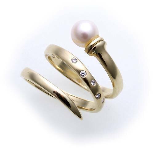 Damen Ring echt Gold 585 Perle 6,5 mm Brillant 0,05ct. Gelbgold Perlen Diamant