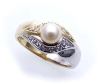 Damen Ring echt Gold 585 Perle Brillant 0,16ct Bicolor...