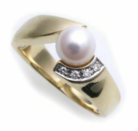 Damen Ring echt Gold 585 Brillant 0,03ct und Perle Gelbgold Diamant