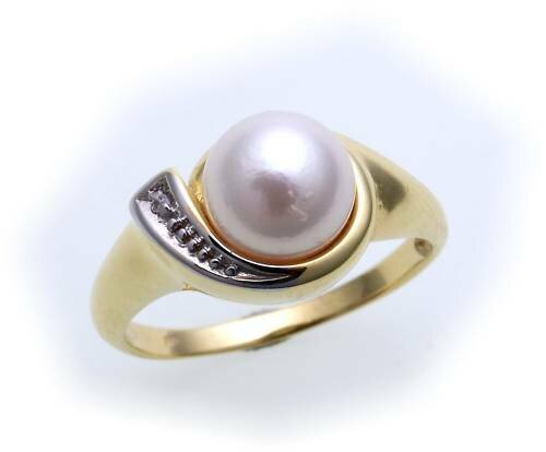 Damen Ring echt Gold 585 Perle 7,5 mm Brillant 0,005ct. Gelbgold Zuchtperle Qual