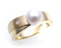 Damen Ring echt Gold 585 Perle 7,5 mm Brillant 0,02ct. Gelbgold Diamant