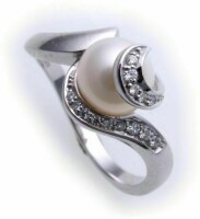Damen Ring echt Weißgold 585 Brillant 0,10ct und Perlen Gold 585er-