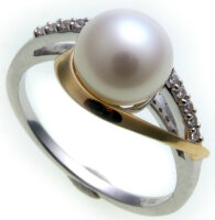 Damen Ring Weißgold 333 8kt Bicolor Perlen Zirkonia...