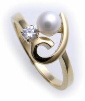 Damen Ring Zirkonia echt Gold 333 Perle 5 mm Zuchtperle...