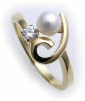 Damen Ring Zirkonia echt Gold 333 Perle 5 mm Zuchtperle Gelbgold 8kt