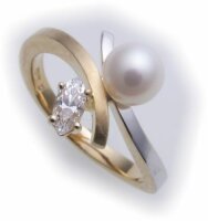 Damen Ring Zirkonia echt Gold 333 Perle 6,5 mm Bicolor...