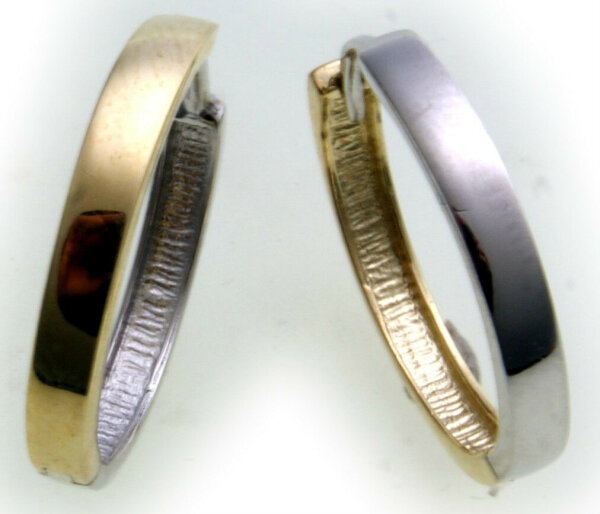 Ohrringe Klapp Creolen Gold 333 Bicolor Glanz eckig Gelb Weiß Unisex Neu 18 mm