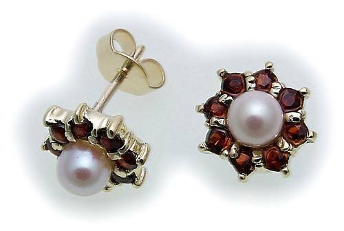 Damen Ohrringe Granat  Zuchtperle Perlen in Gold 585 Gelbgold Ohrstecker 6902/5G