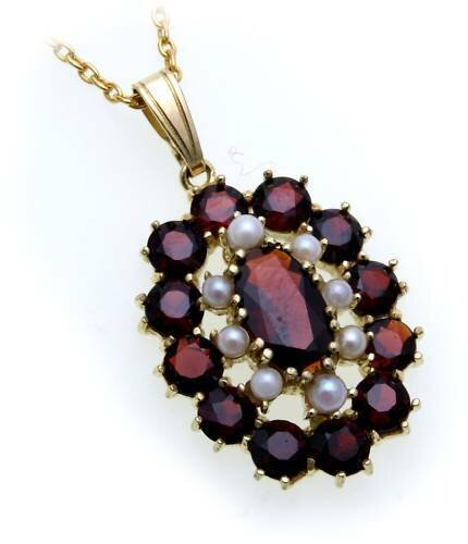 Anhänger m. Granat Zuchtperle Gold 333 Granatanhänger Granatschmuck Gelbgold Qua