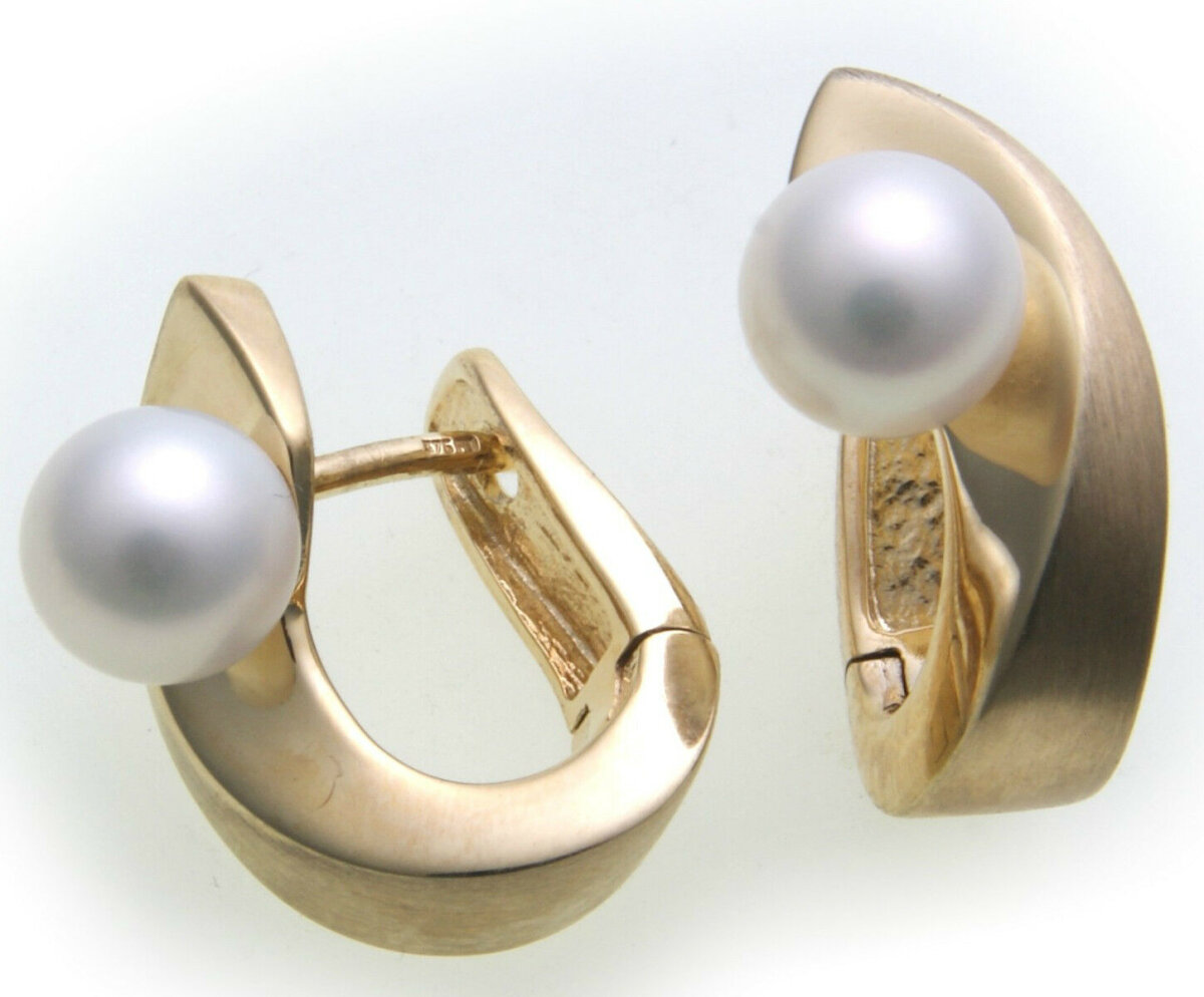 Damen Ohrringe Klapp Creolen echt Gold 585 mit Perlen 6,5 mm