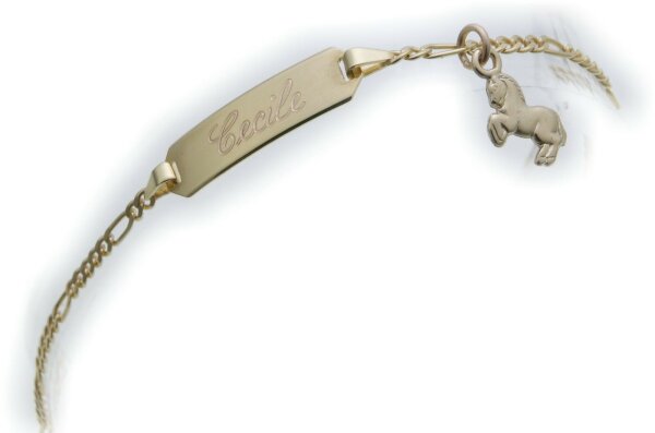 Armband Kinder 14cm 585 Gold  Pferd Figarokette incl. Gravur Qualität Gelbgold