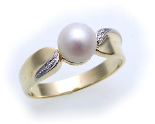 Damen Ring ech Gold 333  Perlen 7,5 mm Brillant 0,01 Gelbgold Zuchtperle Diamant