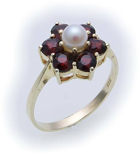Damen Ring m. Granat u. Perlen in Gold 585 Gelbgold Granatring 8996/5GR.ZP
