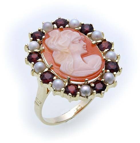 Damen Ring m. Granat. Muschelgemme u. Perlen Silber 925 Sterlingsilber Qualität
