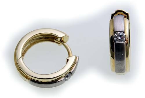 Damen Ohrringe Klapp Creolen bicolor Gold 585 Brillant 0.12ct Gelbgold