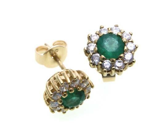 Damen Ohrringe Stecker echt Smaragd rund Gold 333 Zirkonia Gelbgold Ohrstecker