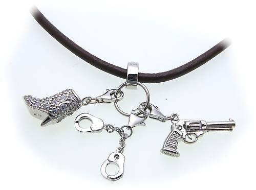 Hals Kette Leder mit 3 Charms echt Silber 925 Zirkonia Sterlingsilber