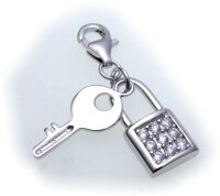 Charm Schloß mit Schlüssel Zirkonia echt Silber 925 Bettelarmband Vorhängeschloß