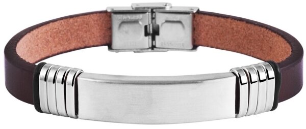 Herren Armband Edelstahl poliert Echt Leder braun inkl. Gravur verstellbar ID Ba