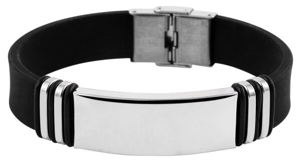 Herren Armband Edelstahl poliert Kautschuk schwarz inkl. Gravur verstellbar Neu