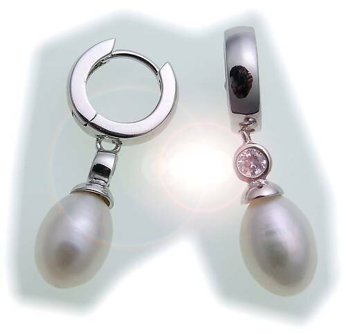 Damen Ohrringe Creolen Perle echt Silber 925 Zirkonia beweg. Sterlingsilber