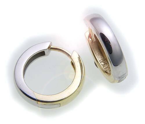 Damen Ohrringe Klapp Creolen Bicolor echt Gold 750 18 karat 14 mm Gelbgold Neu