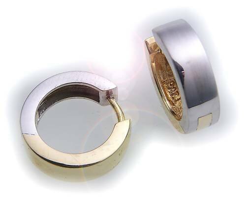 Damen Ohrringe Klapp Creolen bicolor echt Gold 750 18 karat Glanz 15 mm Gelbgold