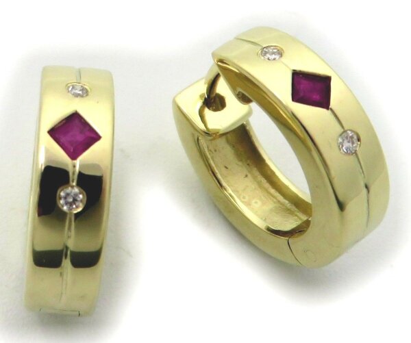 Neu Ohrringe Klapp Creolen Rubin Brillant 0,04 ct echt Gold 585 Gelbgold Diamant