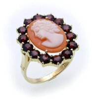 Damen Ring m. Granat u. Muschelgemme in Gold 585 Gelbgold...