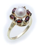 Damen Ring m. Granat u. Perlen in Gold 333 Gelbgold Granatring 8525/3GR.ZP