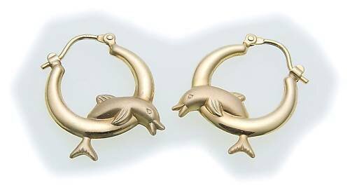 Neu Kinder Ohrringe Klapp Creolen Delfin 3D teilmatt 333 Gold Gelbgold Qualität